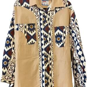 Vintage 80s Aztec Patterned Western Tribal Button Up Long Sleeve Shirt Adult Med